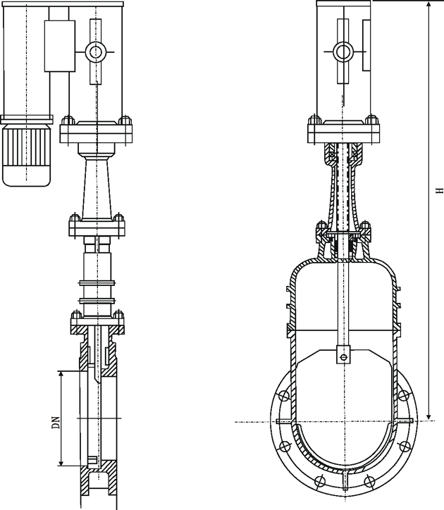 DMZ273X、DMZ273F、DMZ273H、DMZ273Y型電液動暗桿式刀型閘閥(暗板刀形閘閥)外形結構尺寸圖