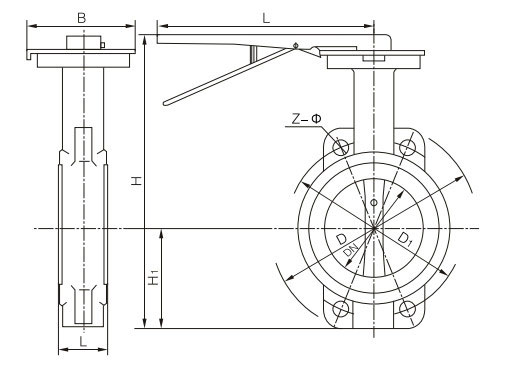 D71X5手柄對夾式軟密封液壓油專用蝶閥主要外形尺寸