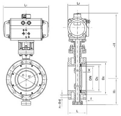 D643W氣動(dòng)法蘭硬密封蝶閥PN6~PN25外形結(jié)構(gòu)尺寸圖