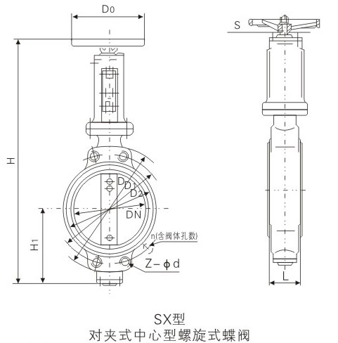 SX對夾式中心型螺旋式船用不銹鋼蝶閥基本尺寸