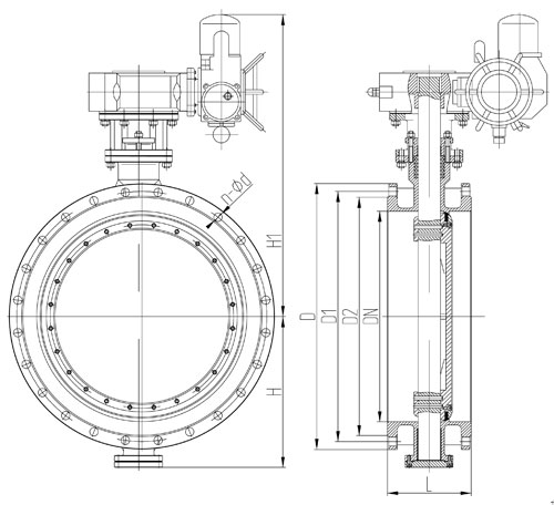 D943H大口徑電動硬密封三偏心蝶閥-多回轉電動執行器主要外形尺寸