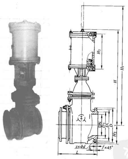 PZ641H型PN16氣動(dòng)鋼制排渣閘閥主要外形及結(jié)構(gòu)尺寸圖