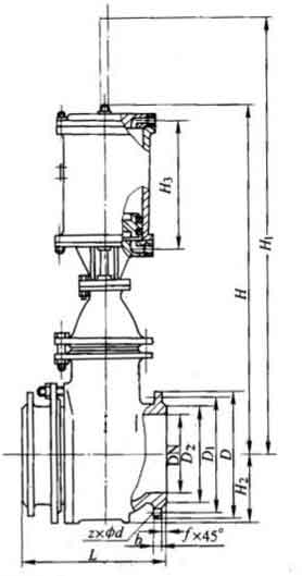 PZ741H-16型液動鋼制排渣閘閥主要外形及結構尺寸圖